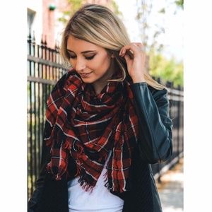 Red Plaid Frayed Edge Scarf